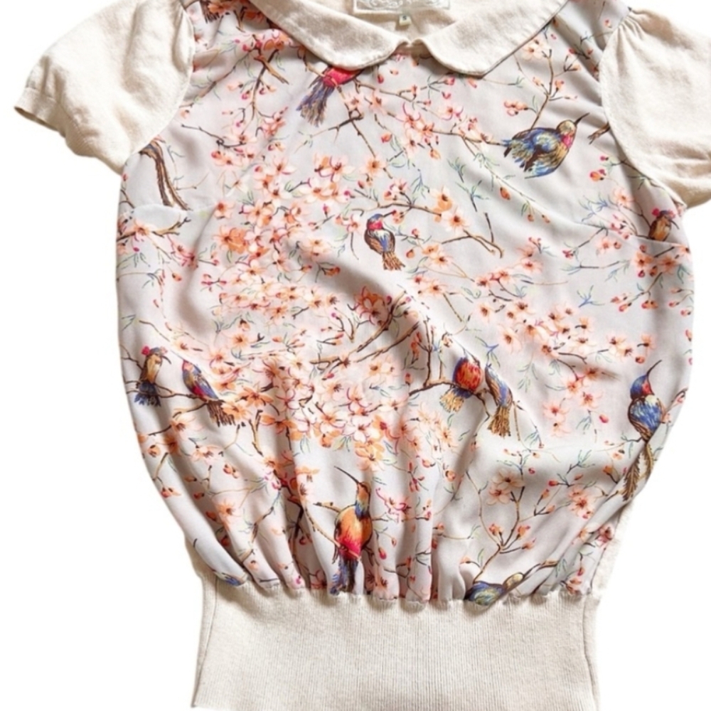 Lightweight Pink Martini Top Puff Short Sleeves Sweet Collar Floral & Bird